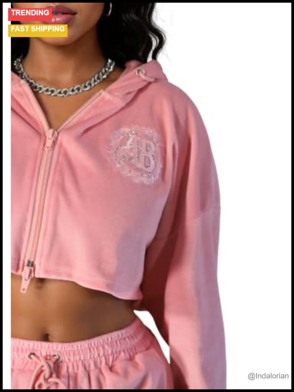 Apple Bottoms Rhinestone Velour Cropped Zip Up Hoodie Pink